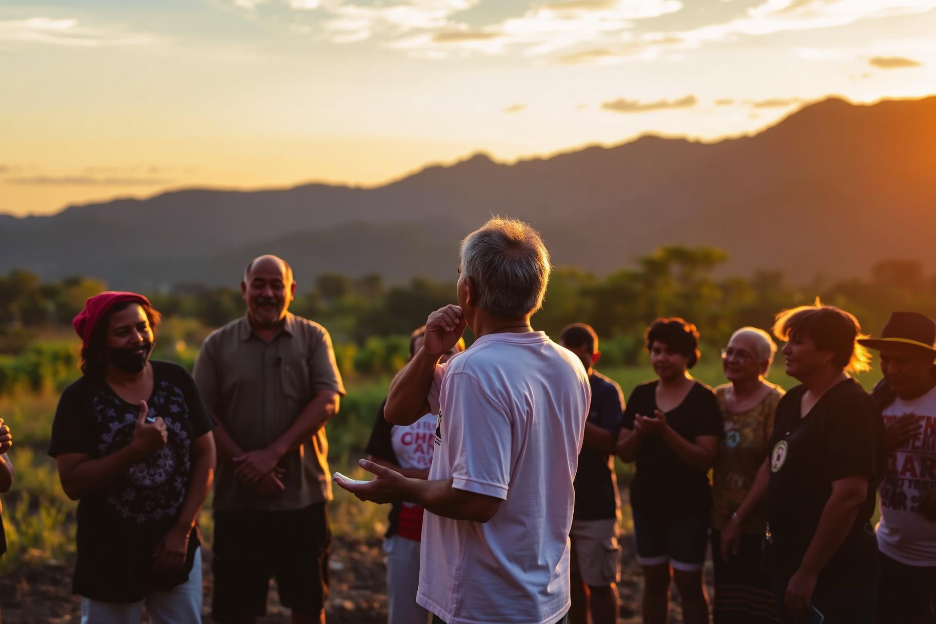 Pastor praying with community at sunset in Chiriquí, Panama